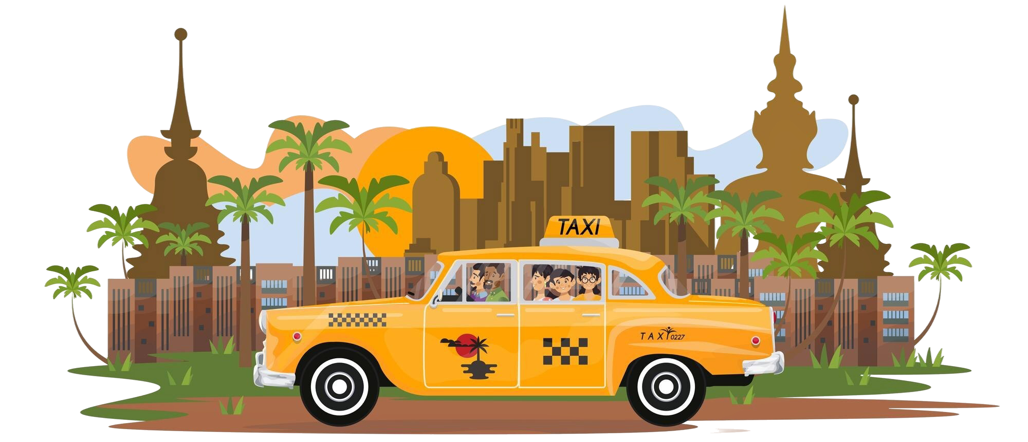 vector illustration happy family which going go retro taxi holiday black taxi driver family taxi white isolated background