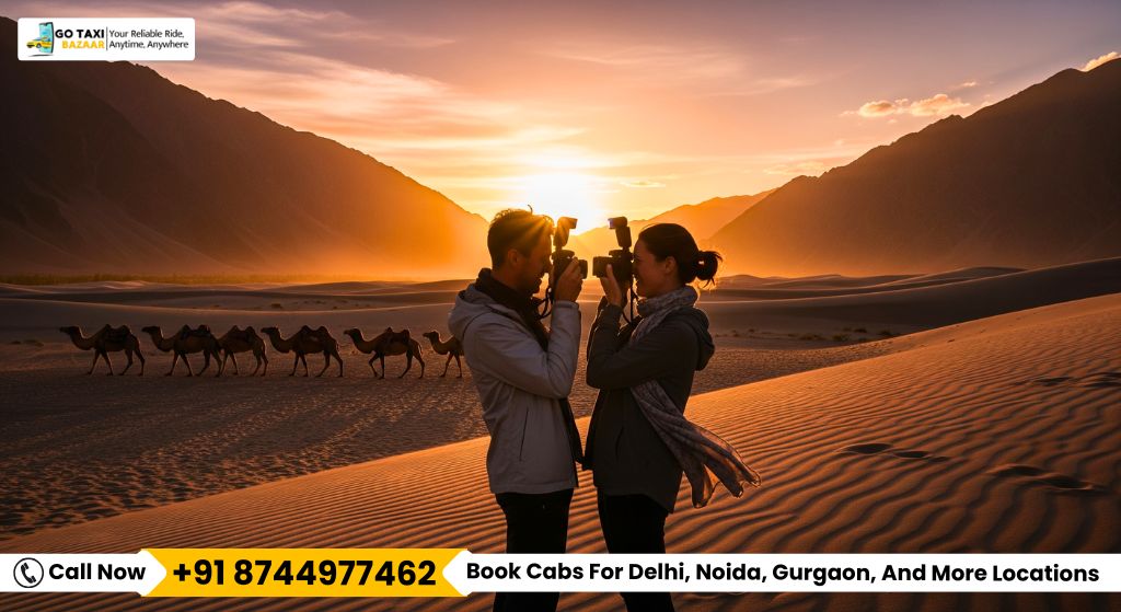 Couple Taking Photos in Nubra Valley Sand Dunes at Sunset Call +918744977462