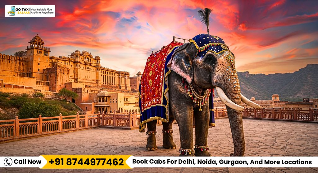 Decorated Elephant Outside Amber Fort at Dusk Call 87449774462